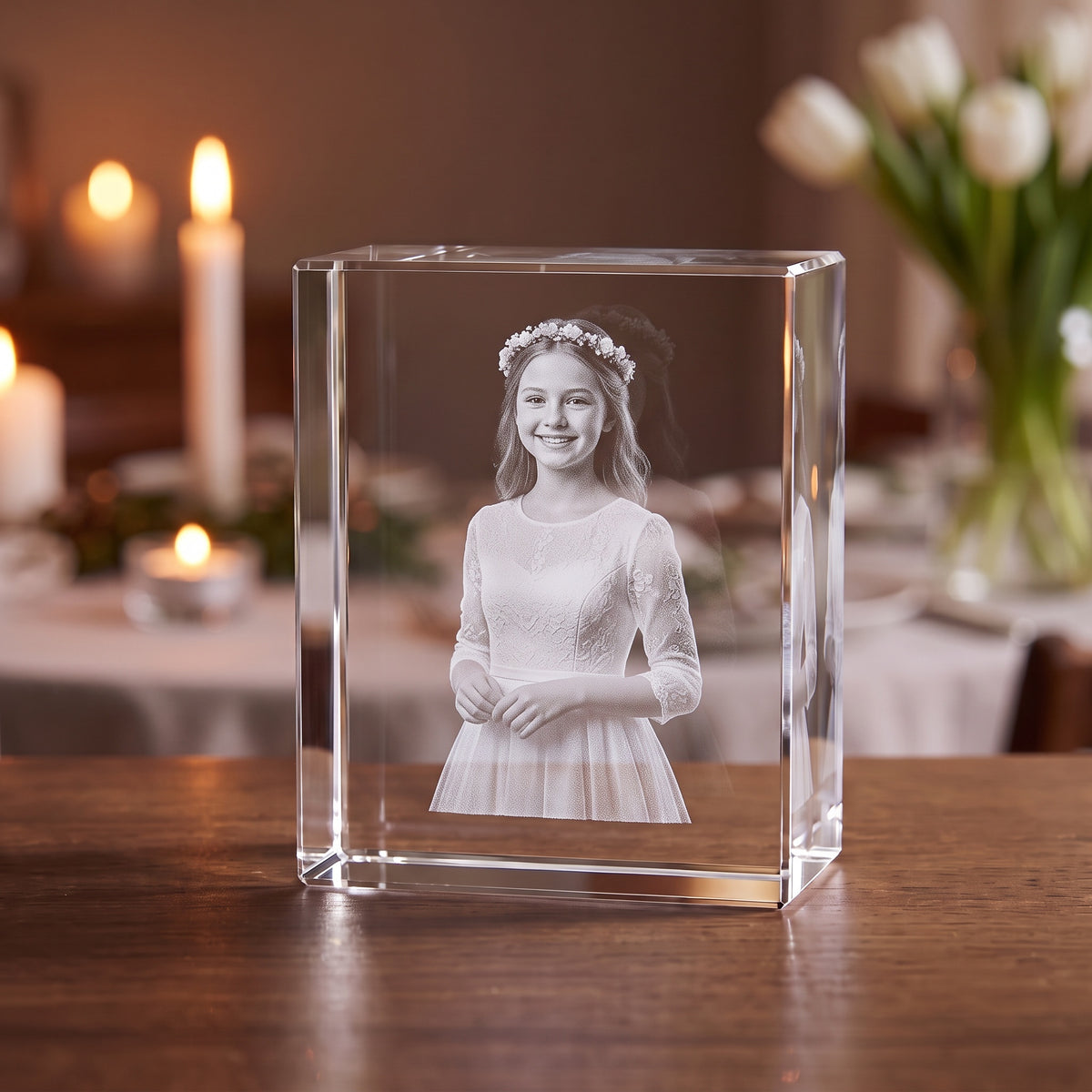Glasblok i krystalglas med 3D-lasergraveret konfirmand i hvid kjole og blomsterkrans