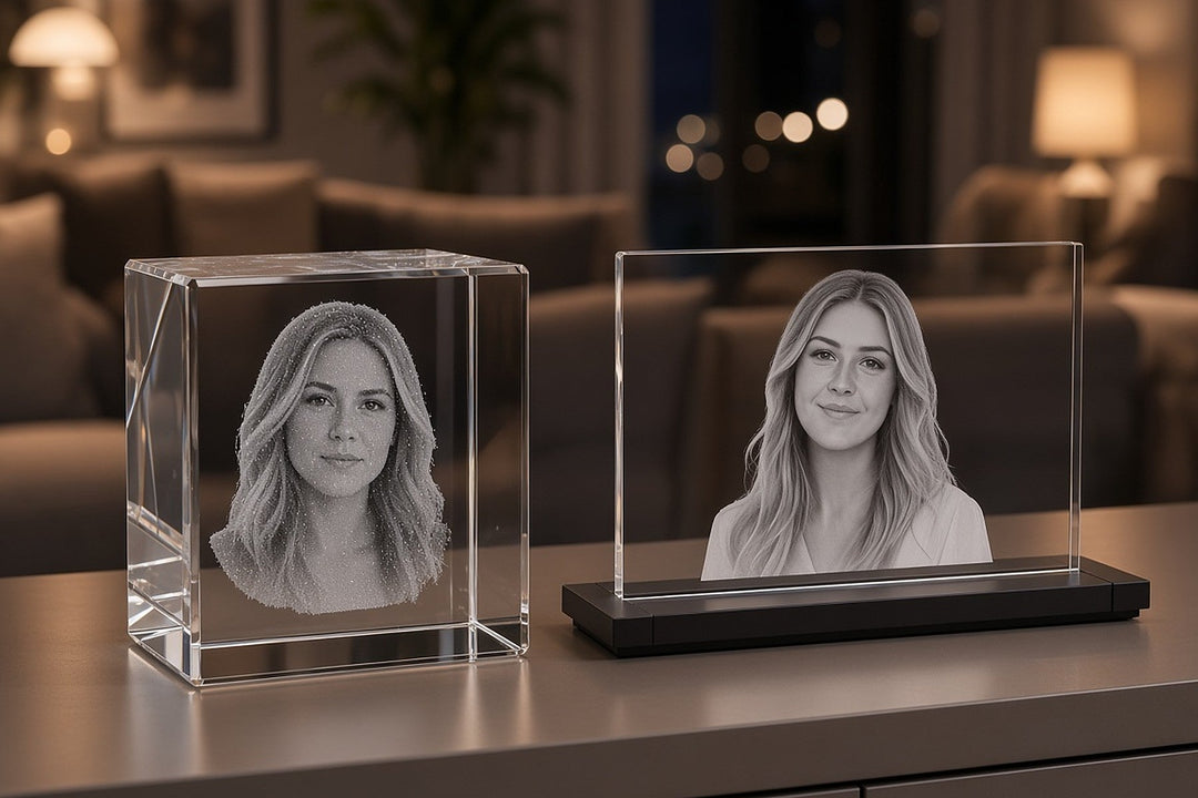 Glasblok med 3D-lasergravering og glasplade med 2D-gravering side om side