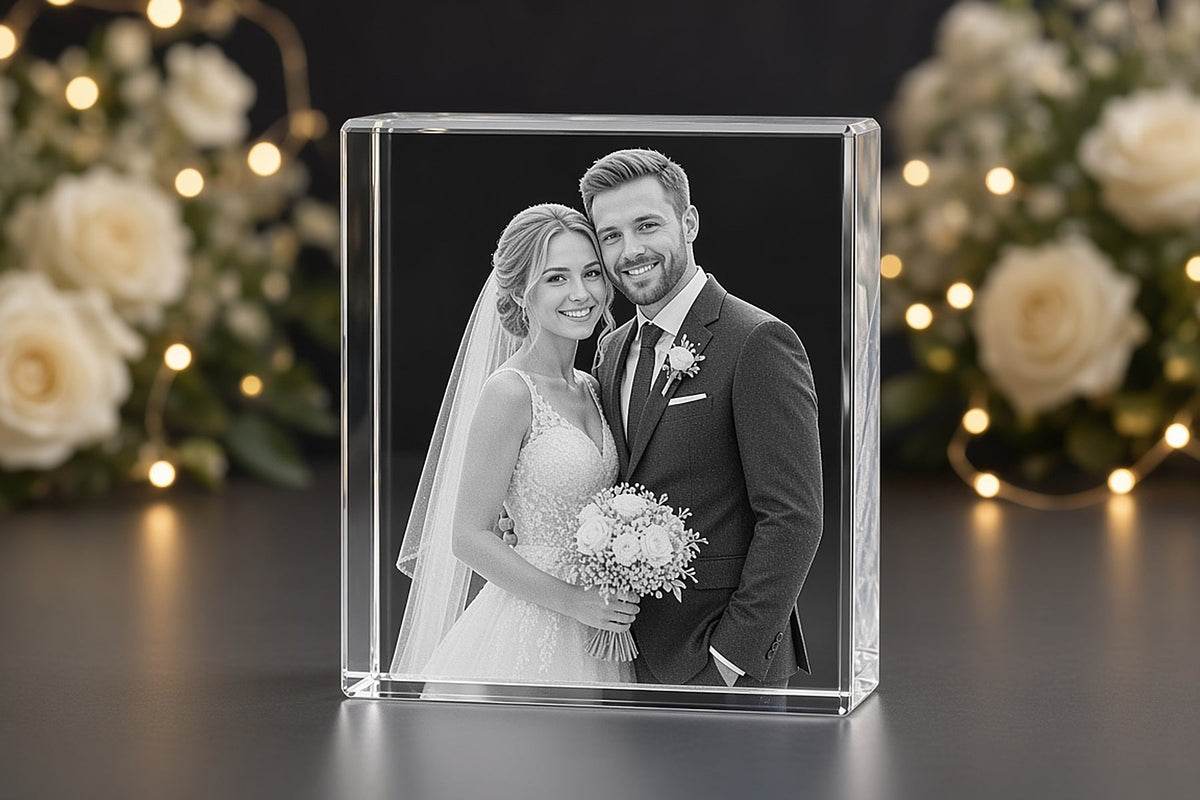 Dansk brudepar indgraveret i krystalglas - bryllupsgave fra LaserFoto