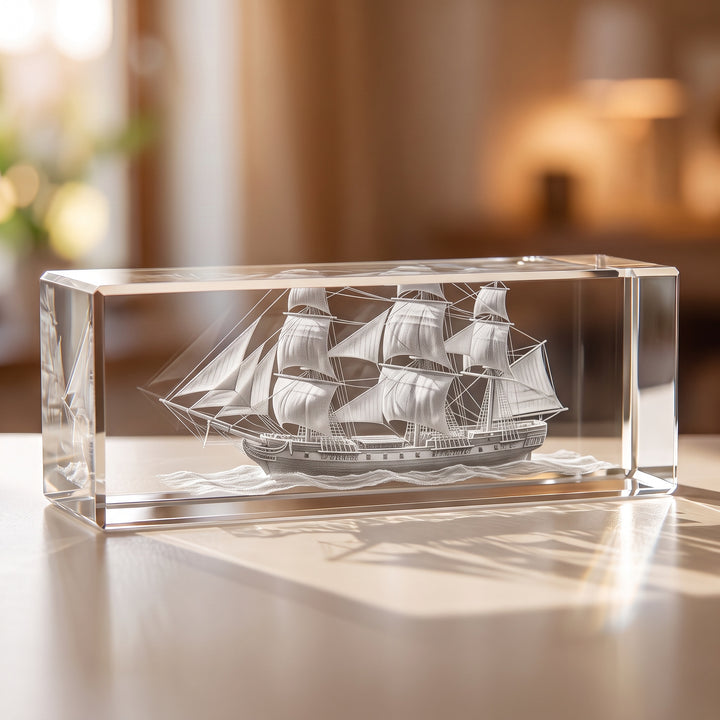 Liggande glasblock 10 x 10 x 30 cm med 3D-graverat segelfartyg