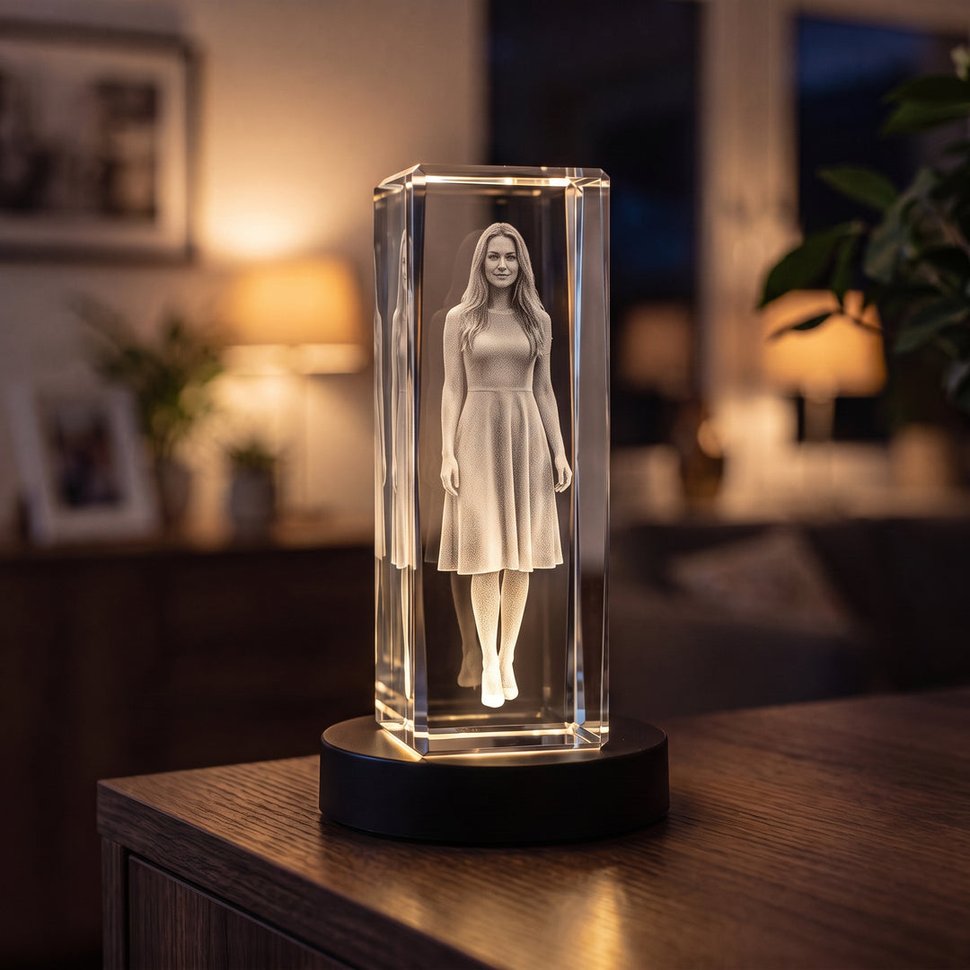 Hög glasblock med 3D-graverad stående kvinna på svart ljusbas