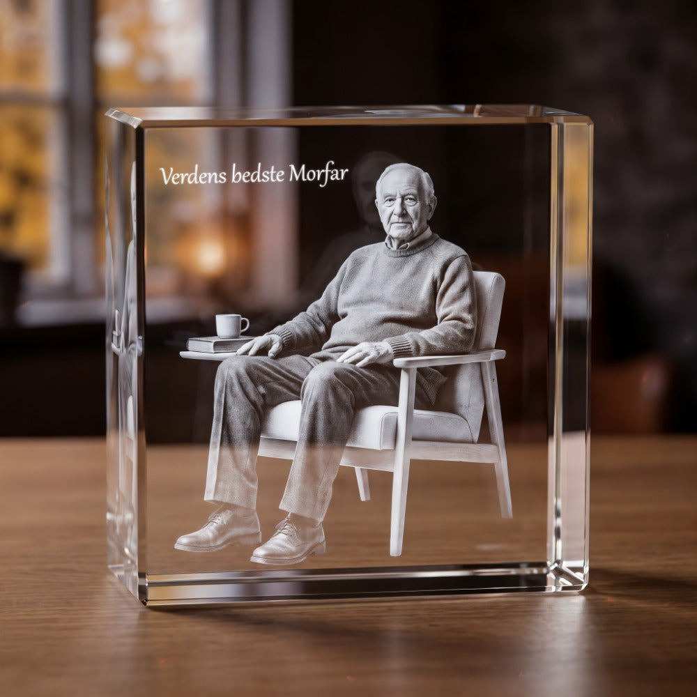 Kvadratisk glasblock i kristallglas med 3D-lasergraverad äldre man i fåtölj och text