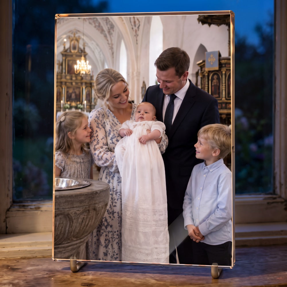 Printglas med färgtryck av familjefoto från ett dop i kyrkan