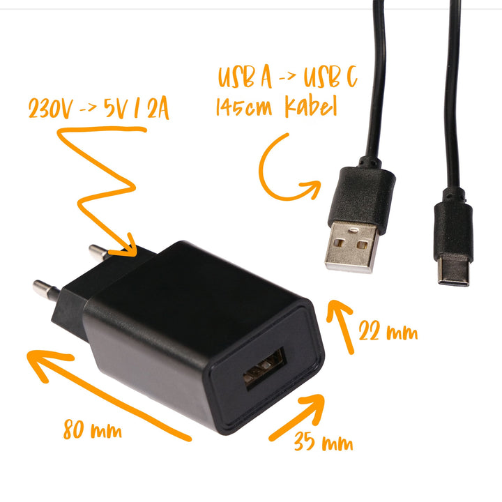 USB-strömadapter 230 V till 5 V/2 A, 80x35x22 mm, med USB-A till USB-C-kabel på 145 cm